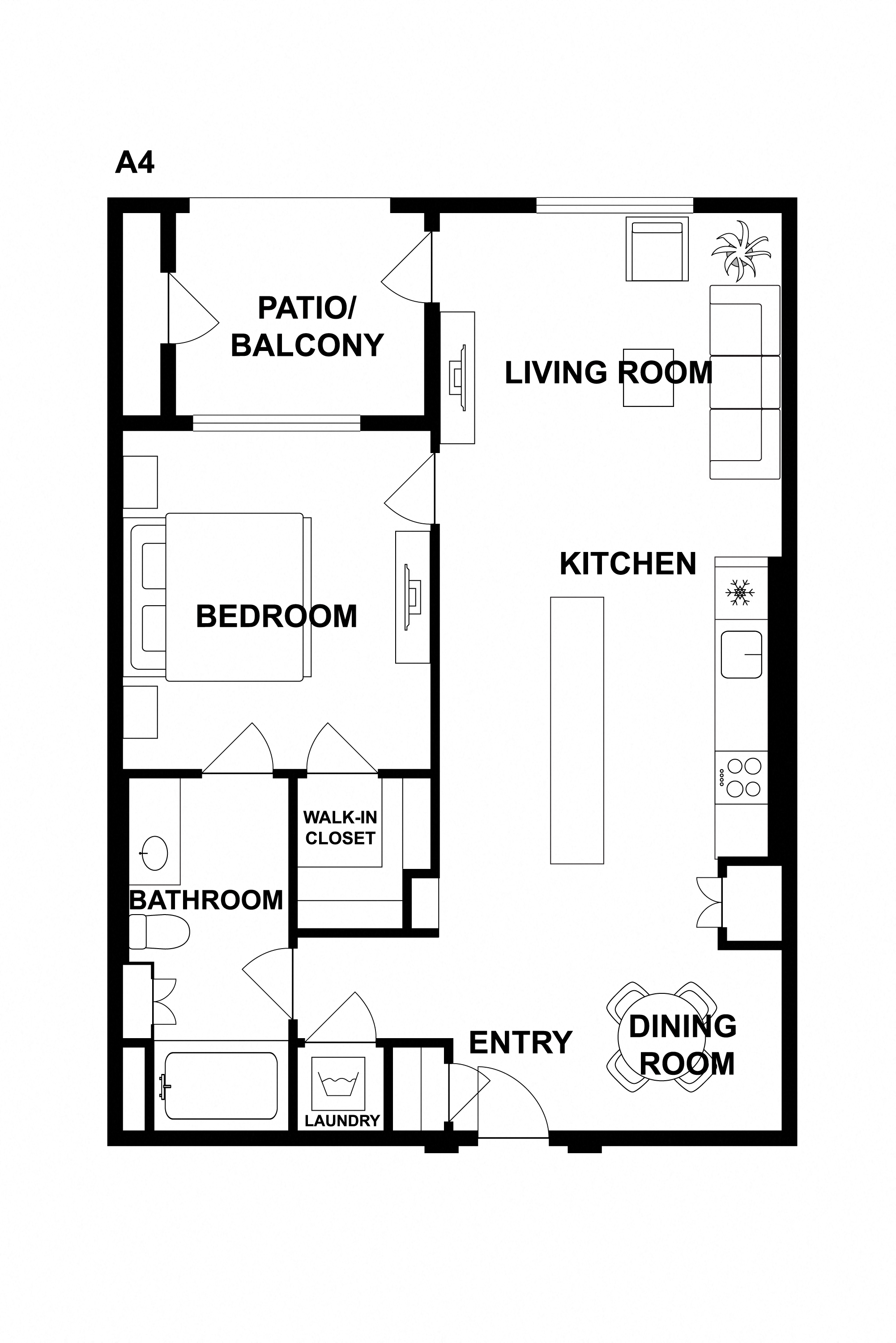 Floor plan for 1 bed, 1 bath, 826 sqft