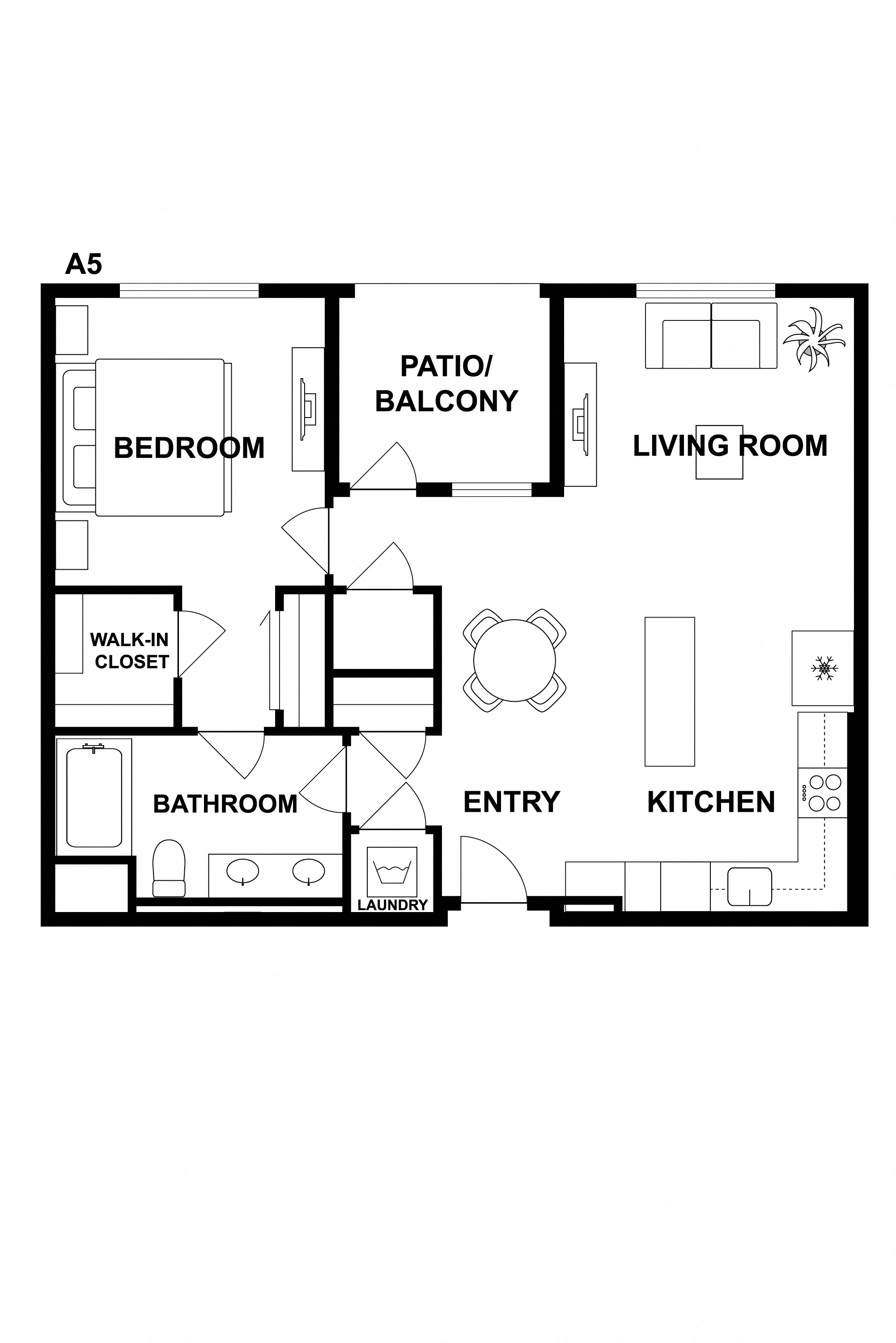Floor plan for 1 bed, 1 bath, 834 sqft