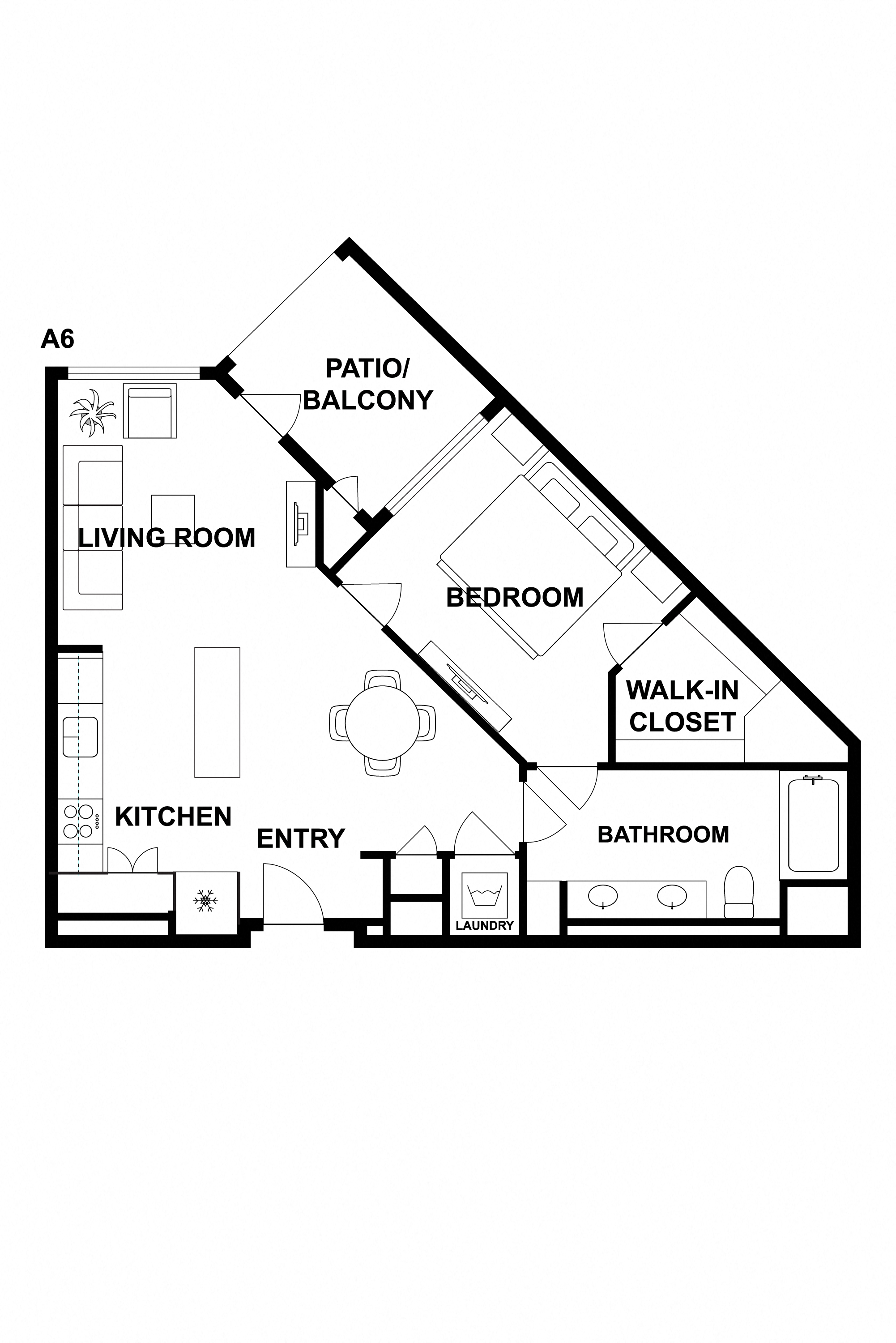 Floor plan for 1 bed, 1 bath, 751 sqft