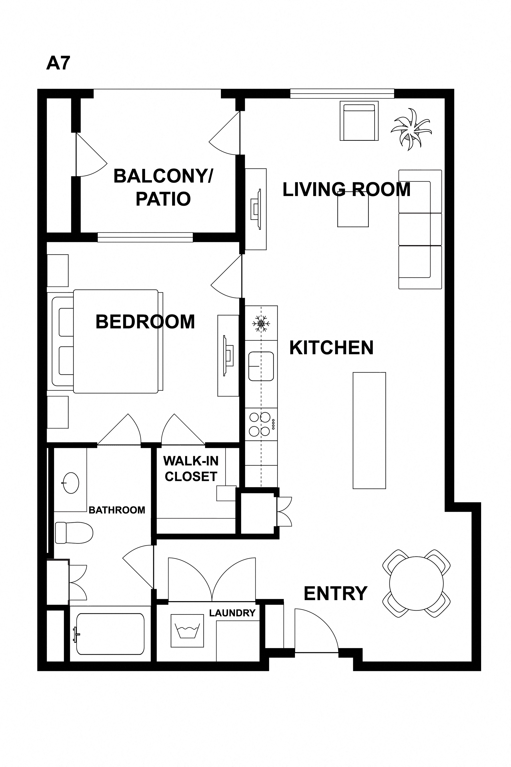Floor plan for 1 bed, 1 bath, 794 sqft
