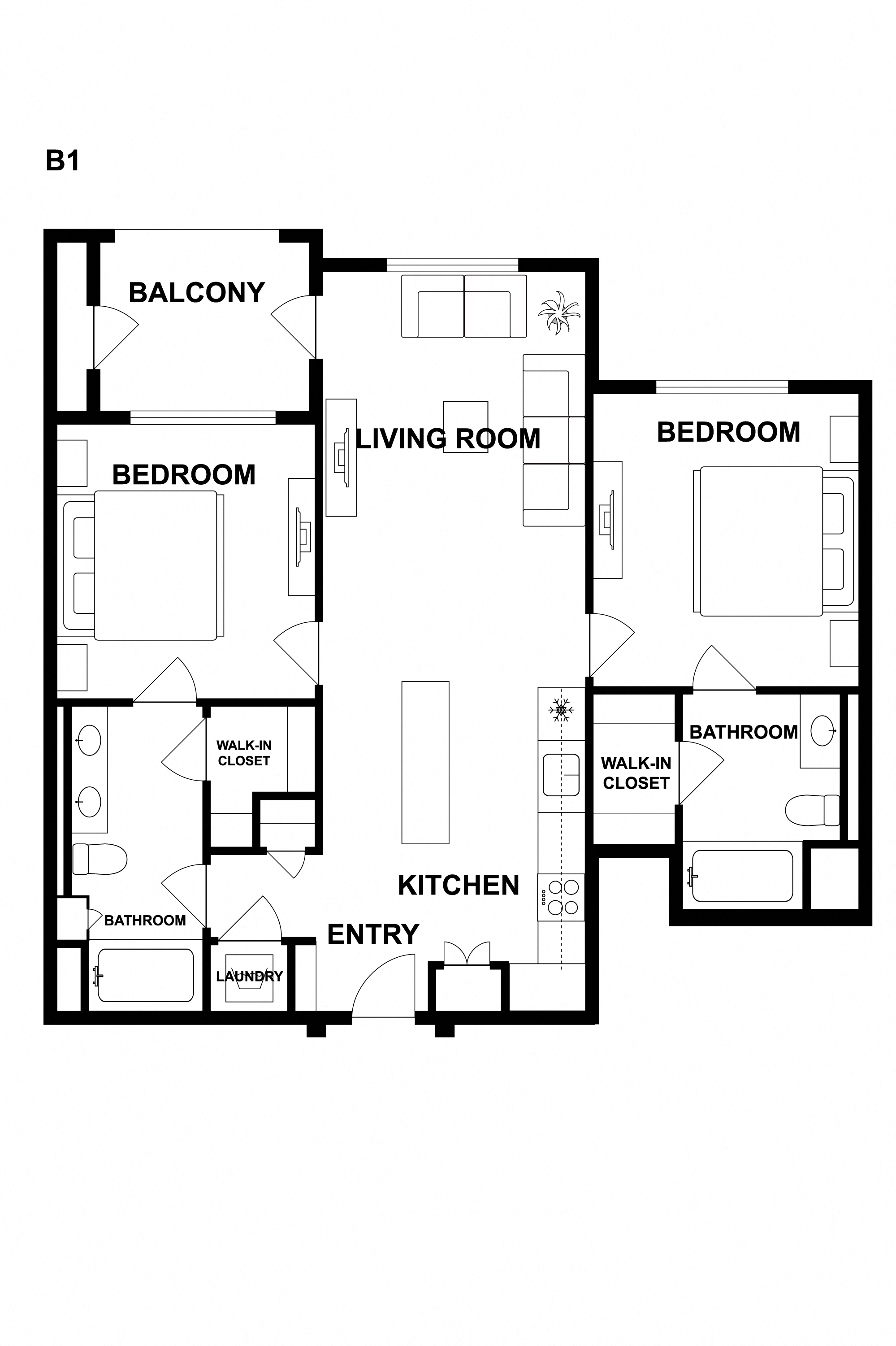 Floor plan for 2 beds, 2 baths, 985 sqft