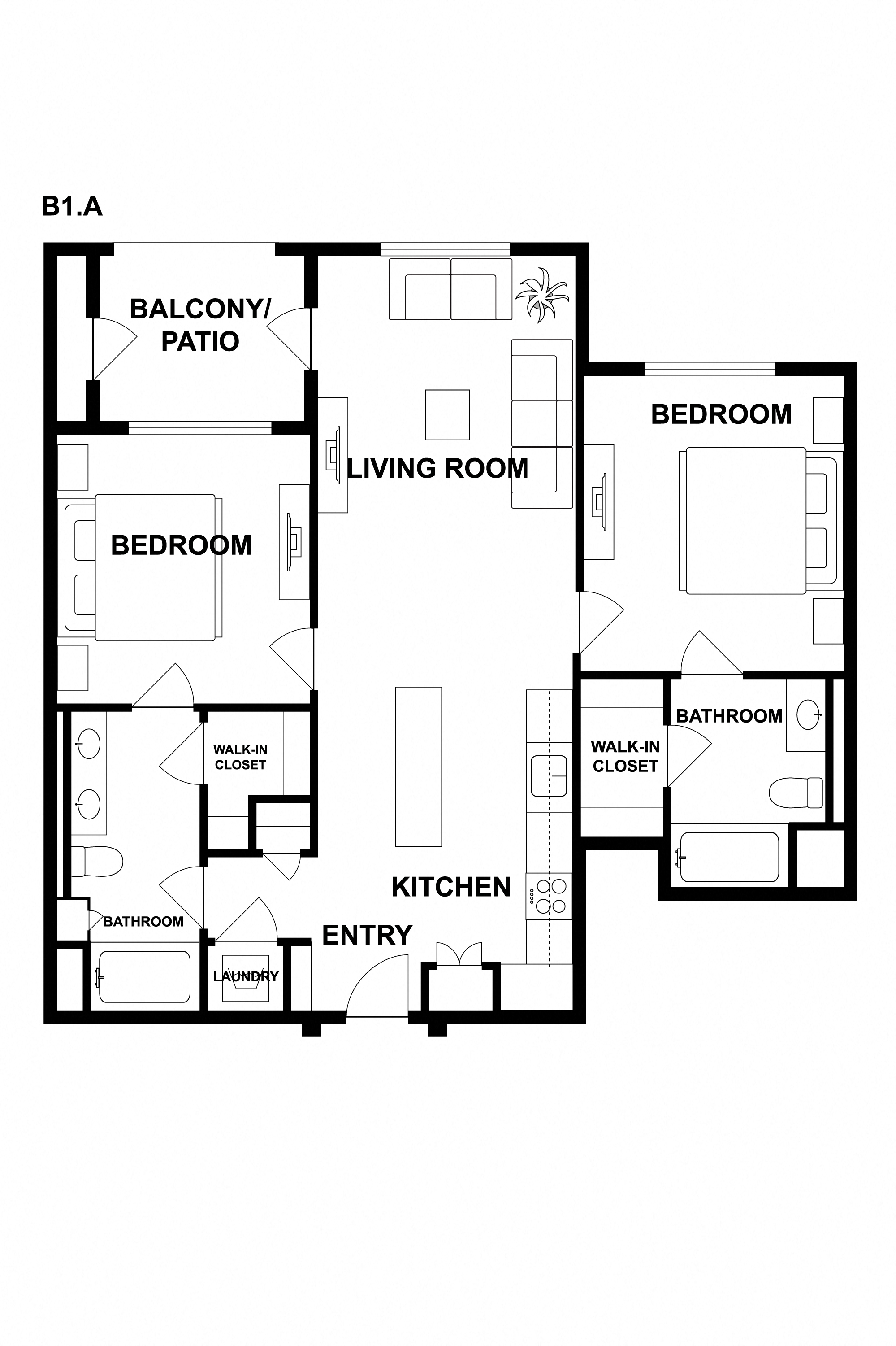 Floor plan for 2 beds, 2 baths, 990 sqft