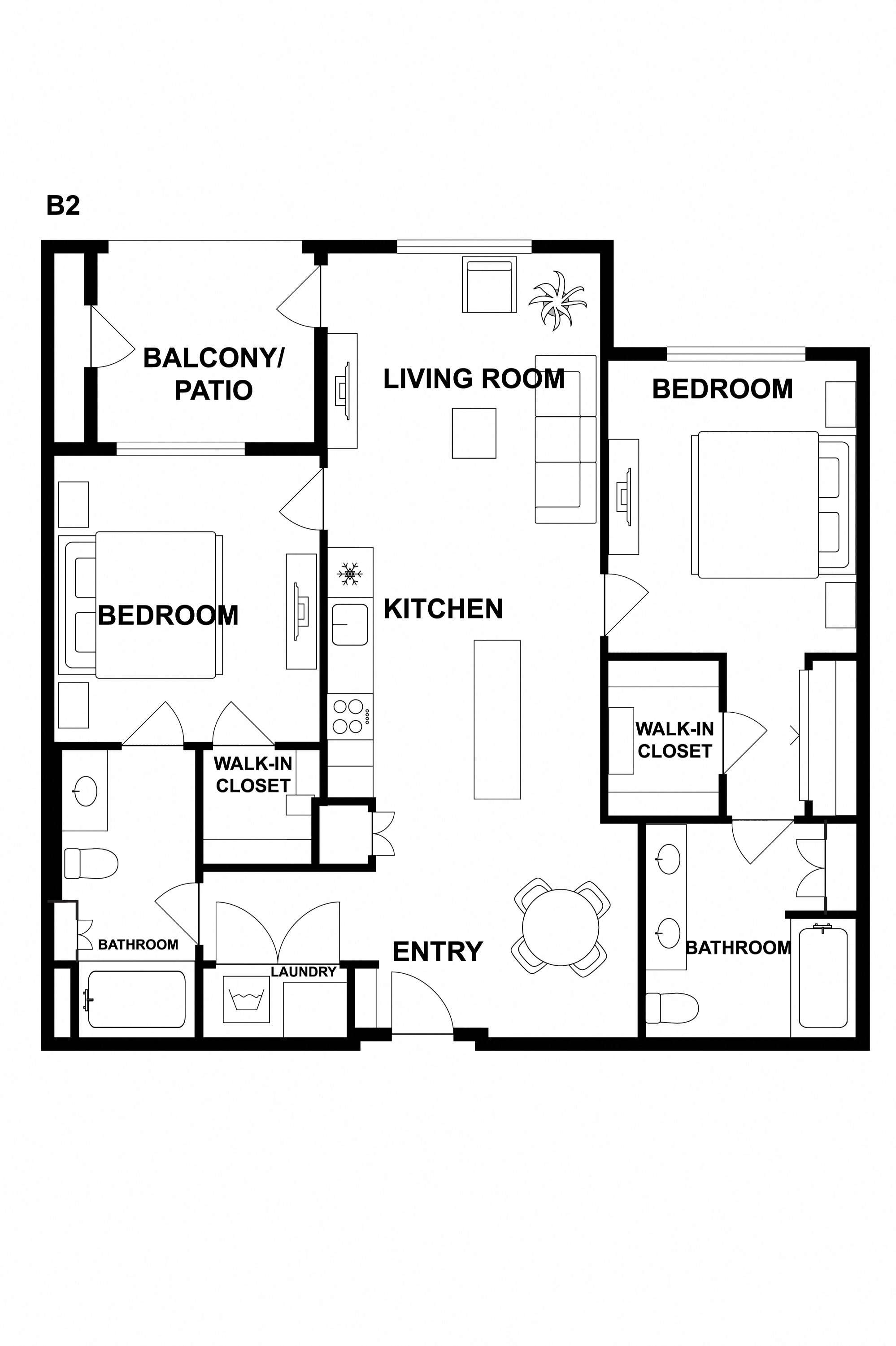 Floor plan for 2 beds, 2 baths, 1113 sqft