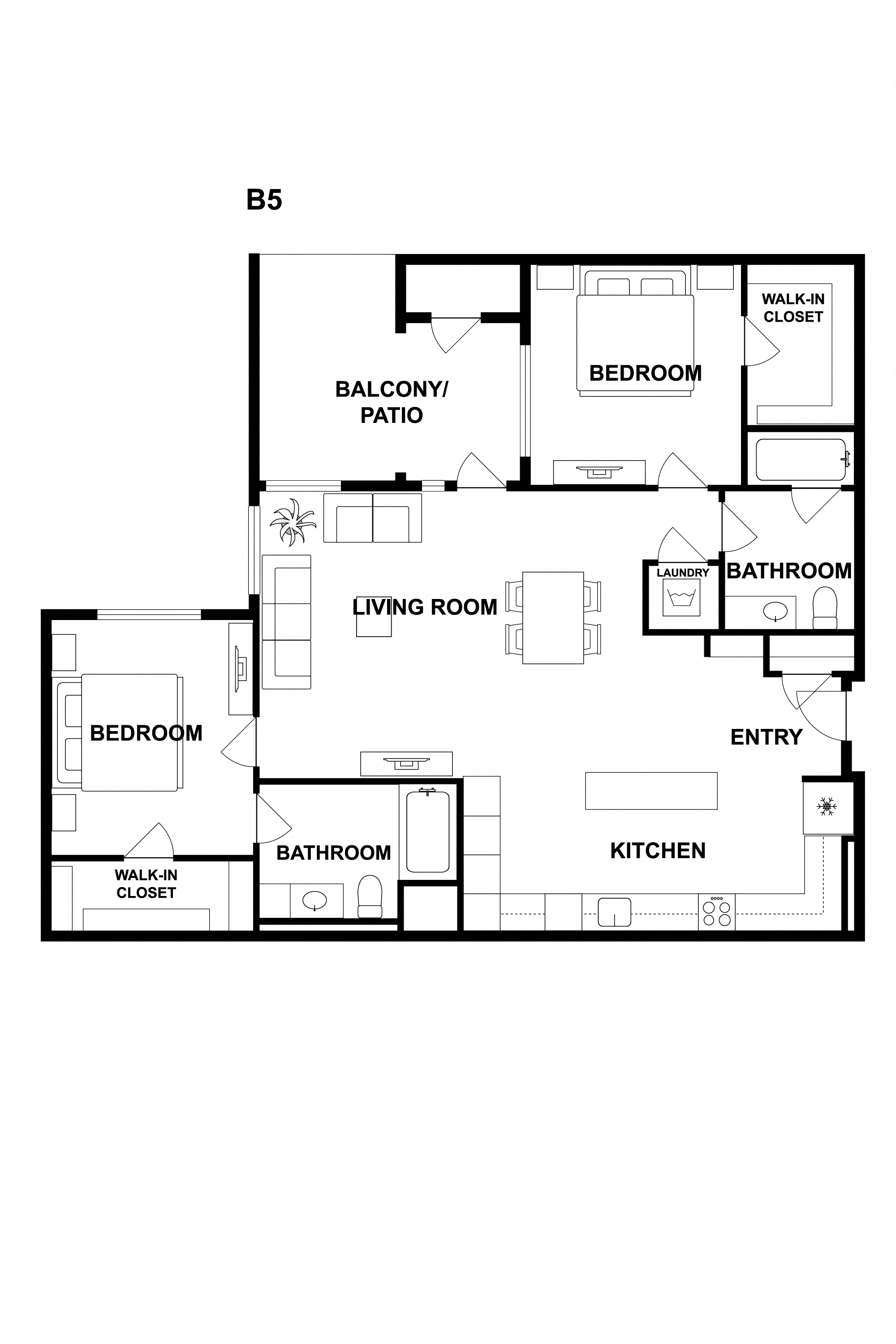 Floor plan for 2 beds, 2 baths, 1233 sqft