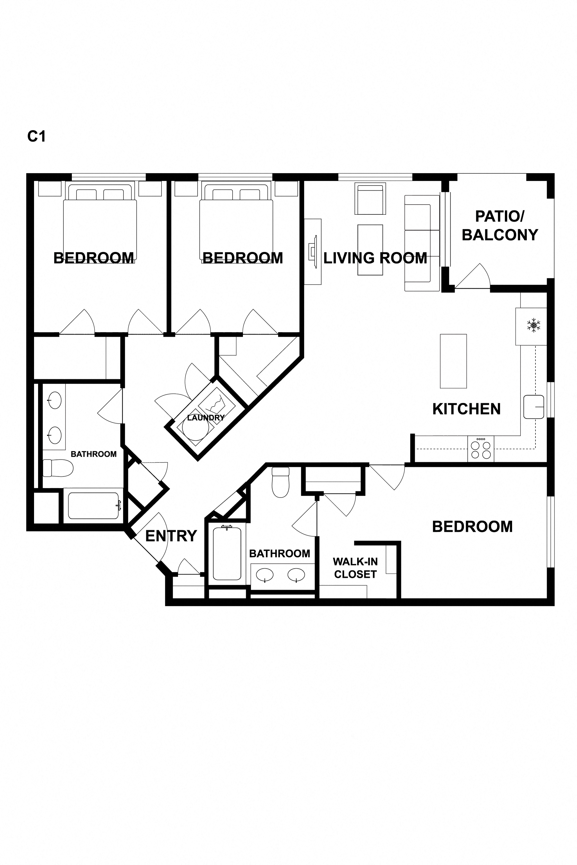 Floor plan for 3 beds, 2 baths, 1390 sqft