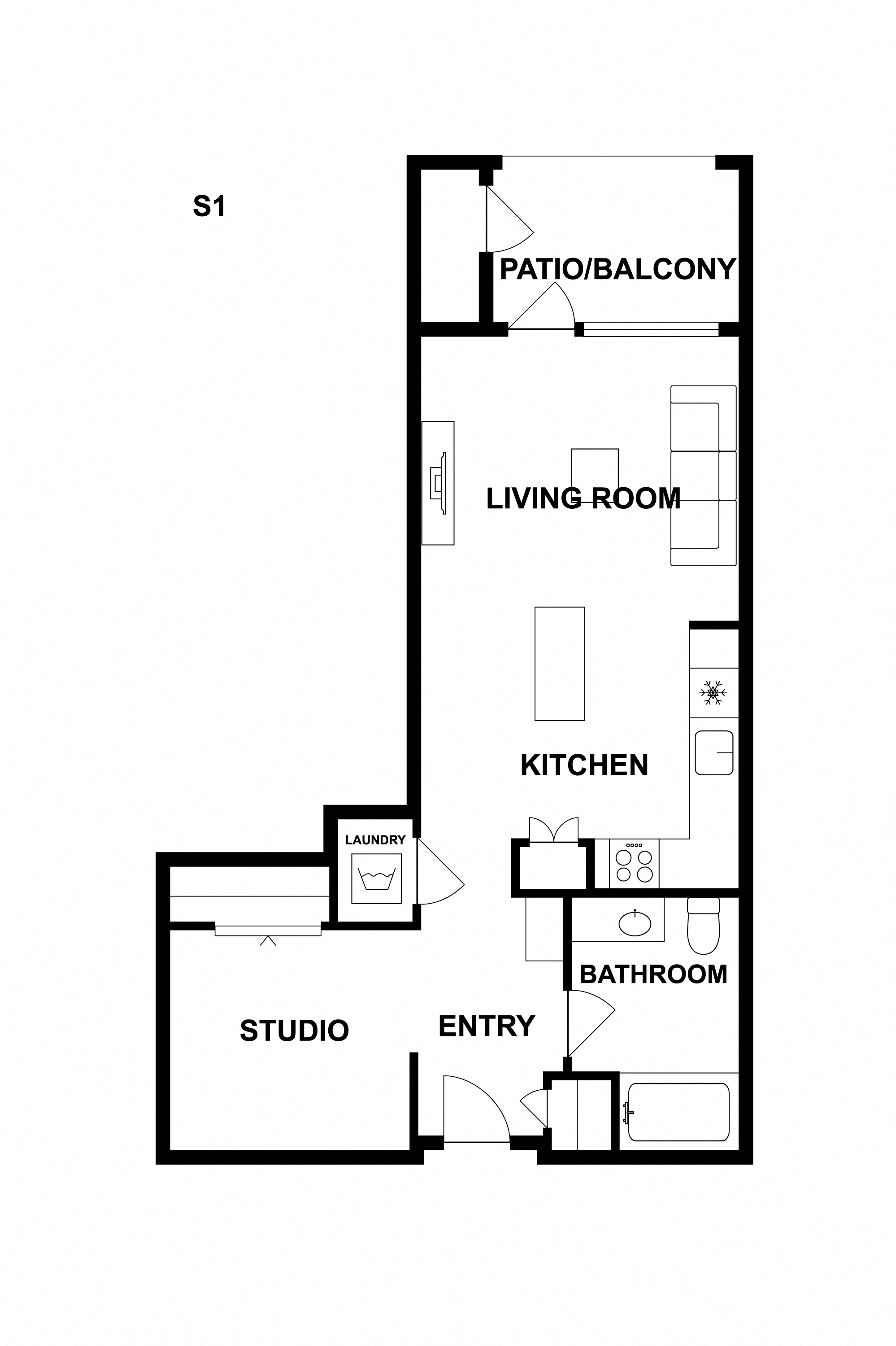 Floor plan for studio, 1 bath, 596 sqft