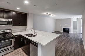 Hollywood apartment for rent - a kitchen with a sink and a stove and a living room