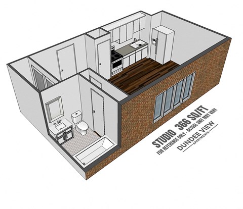 Floor plan for 1 bed, 1 bath, 500 sqft