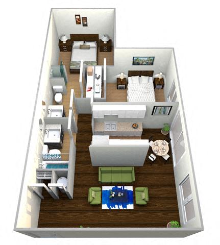Floor plan for 2 beds, 1 bath, 978 sqft