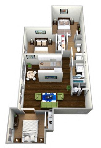 Floor plan for 3 beds, 2 baths, 1141 sqft