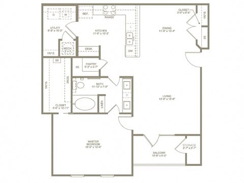Floor plan for 1 bed, 1 bath, 948 sqft