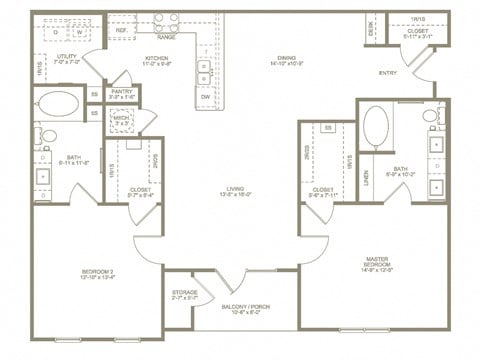 Floor plan for 2 beds, 2 baths, 1458 sqft