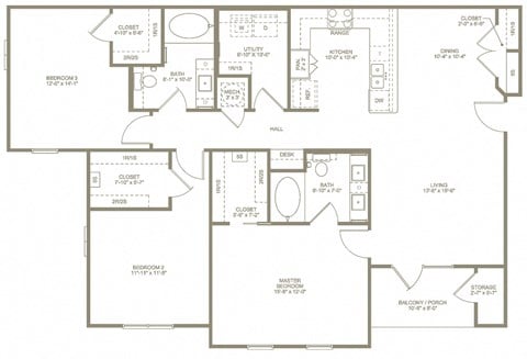 Floor plan for 3 beds, 2 baths, 1413 sqft