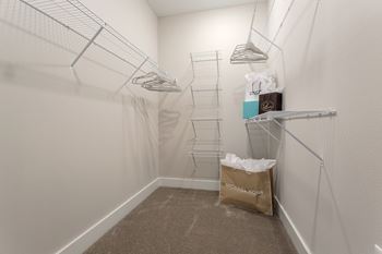 A walk-in closet with a carpeted floor and white walls.