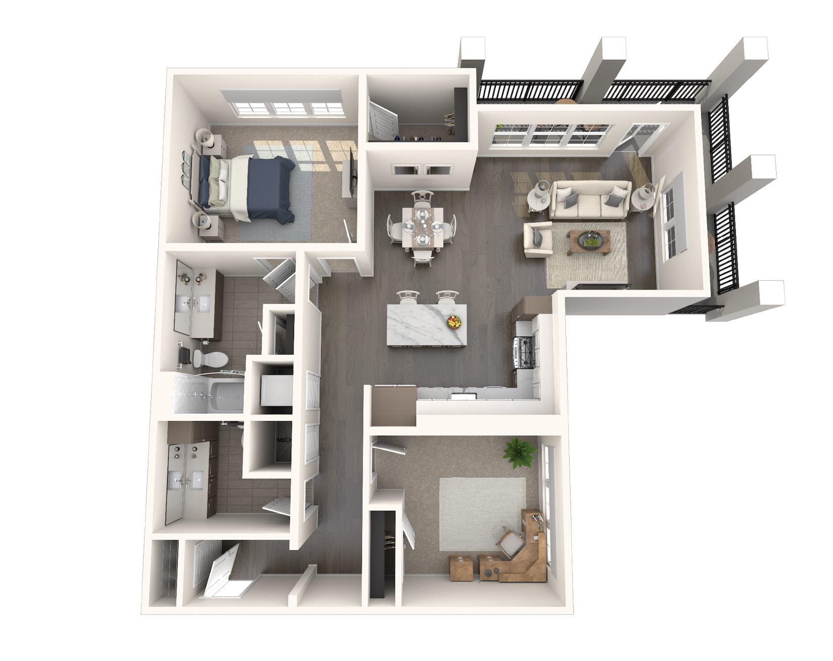 Floor plan for 1 bed, 1.5 baths, 1243 sqft