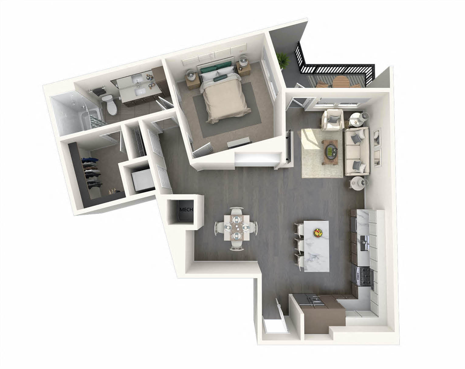 Floor plan for 1 bed, 1 bath, 985 sqft