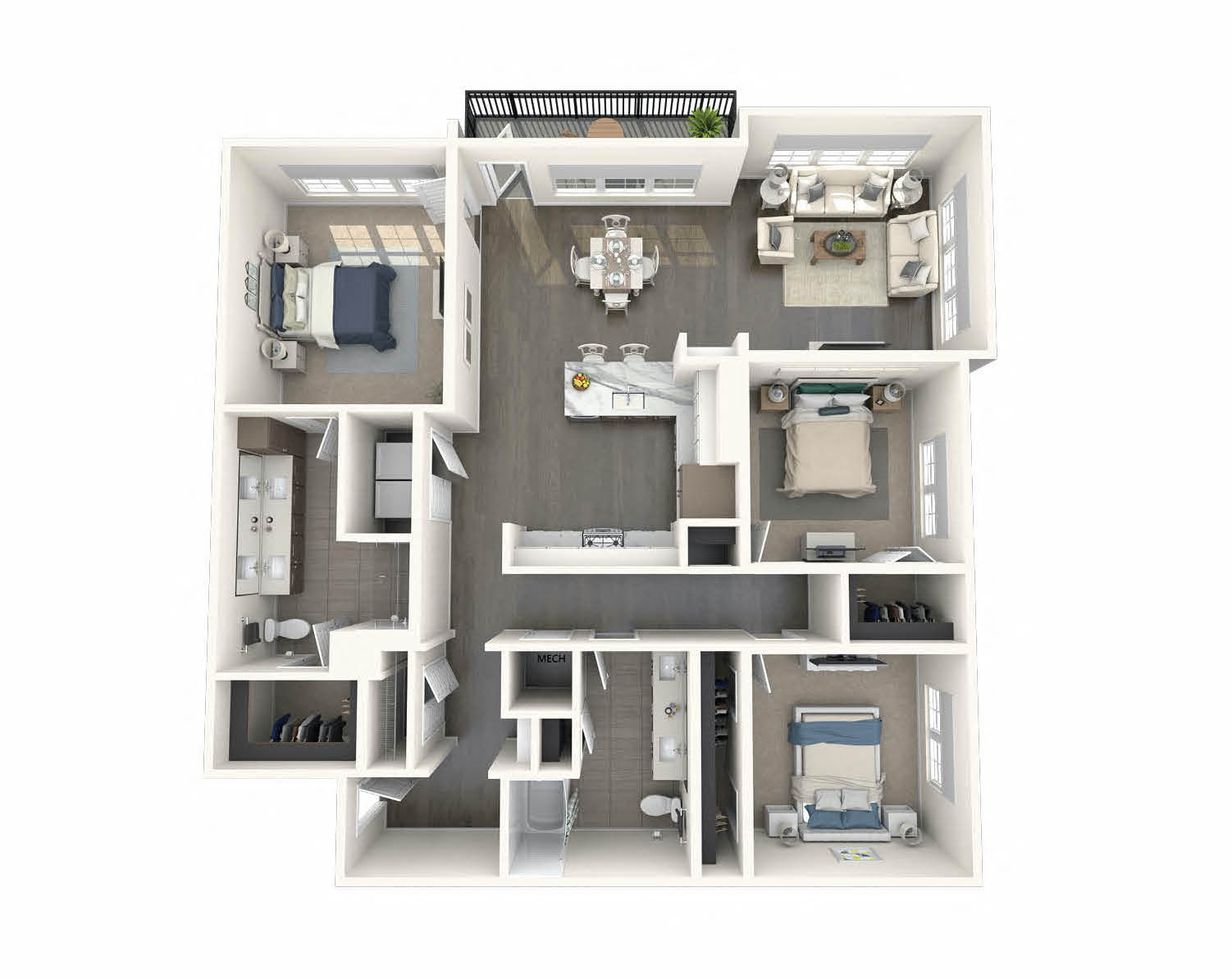 Floor plan for 3 beds, 2 baths, 1497 sqft