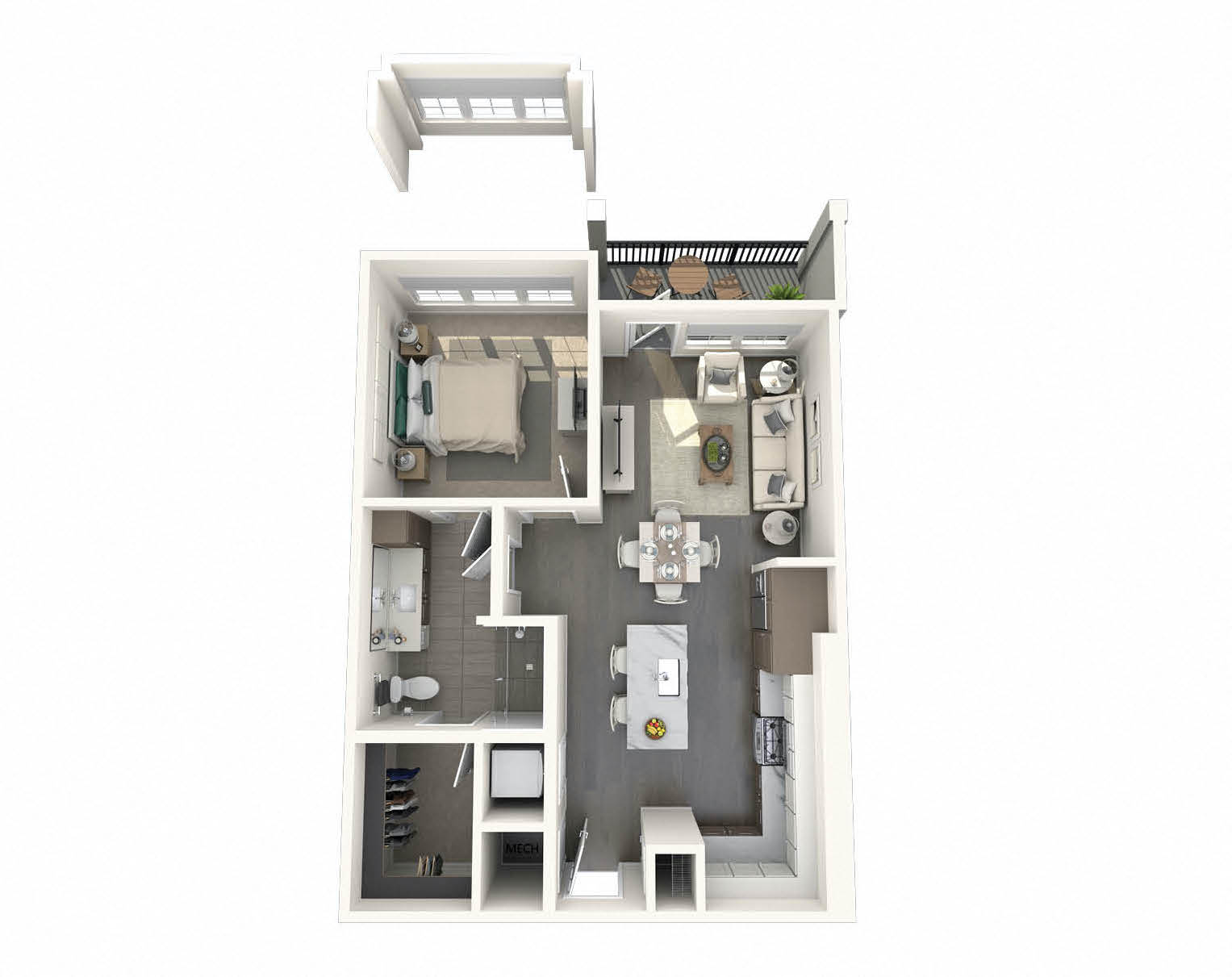 Floor plan for 1 bed, 1 bath, 738 sqft