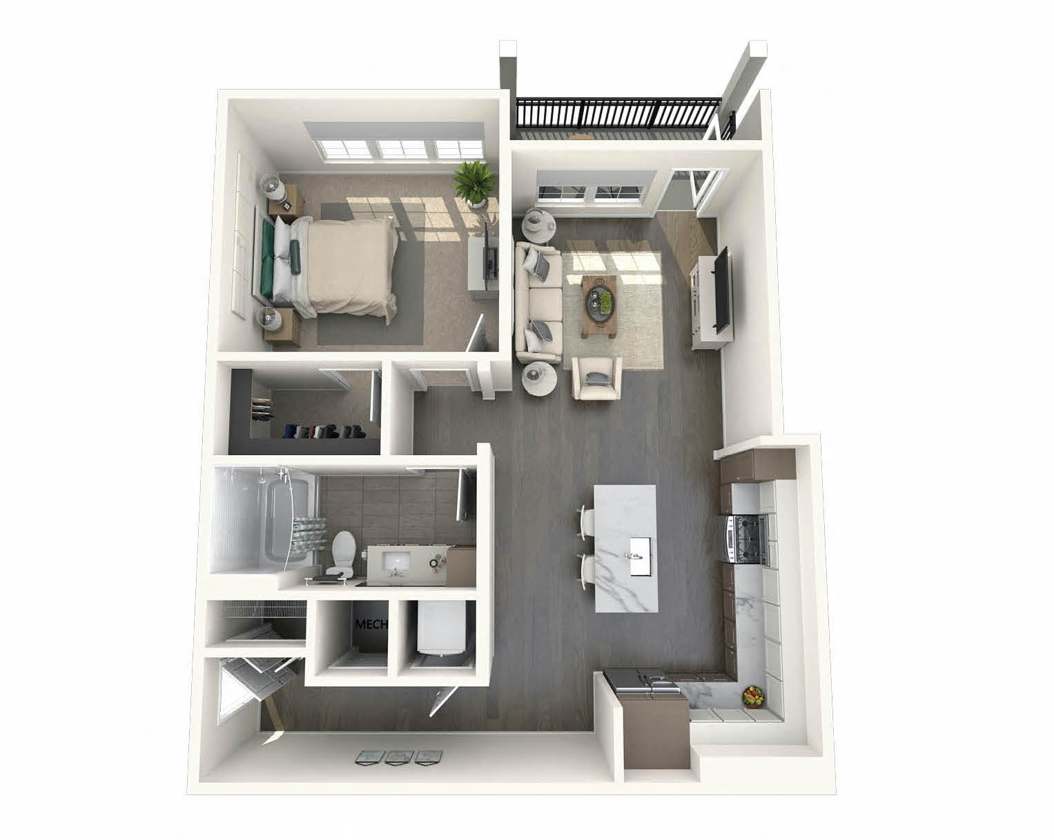Floor plan for 1 bed, 1 bath, 843 sqft