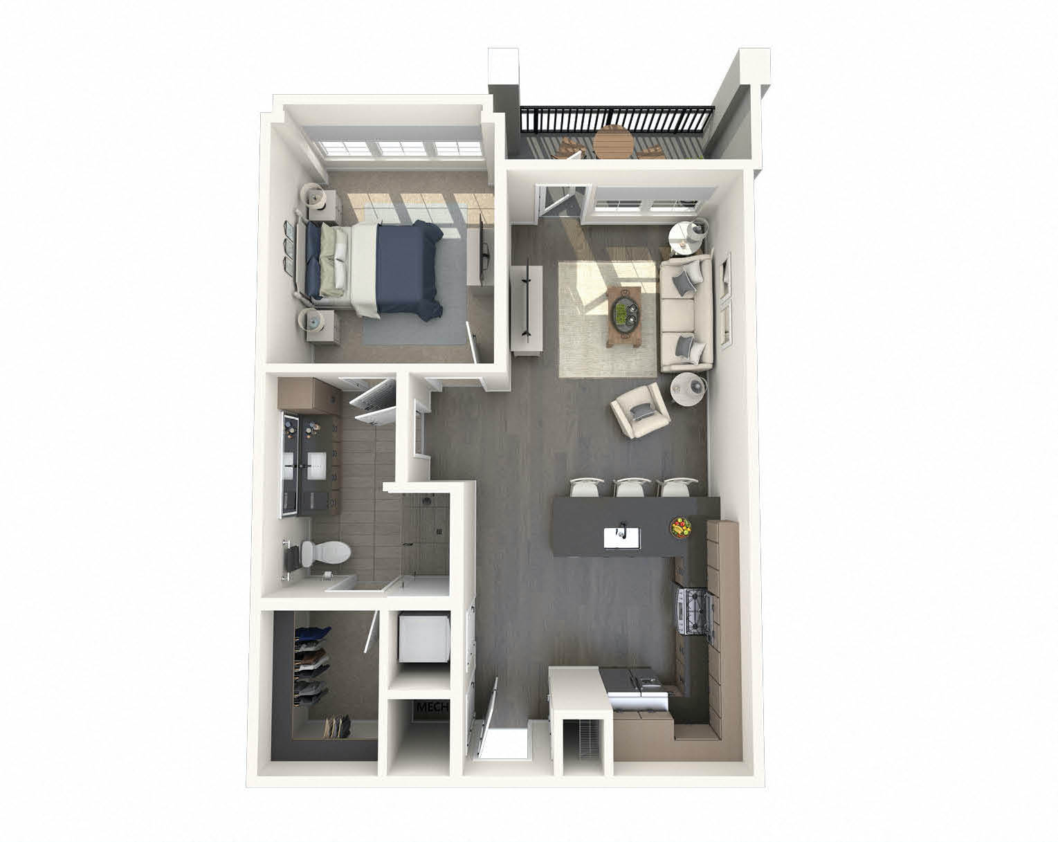 Floor plan for 1 bed, 1 bath, 738 sqft
