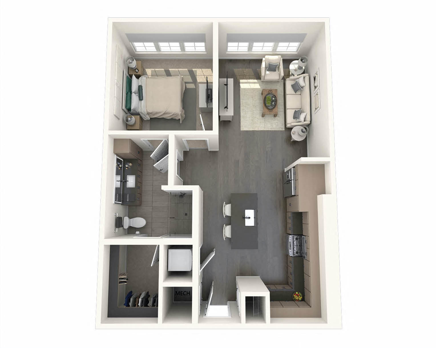 Floor plan for 1 bed, 1 bath, 768 sqft