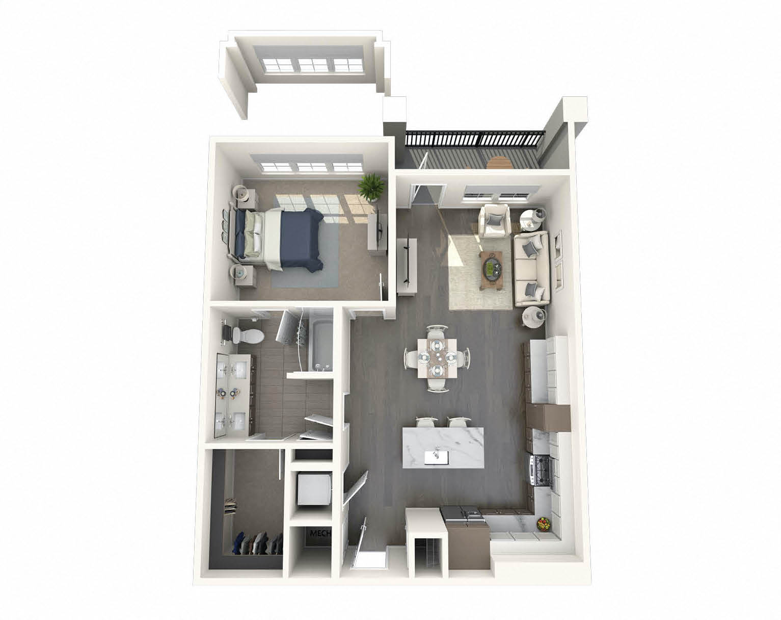 Floor plan for 1 bed, 1 bath, 844 sqft