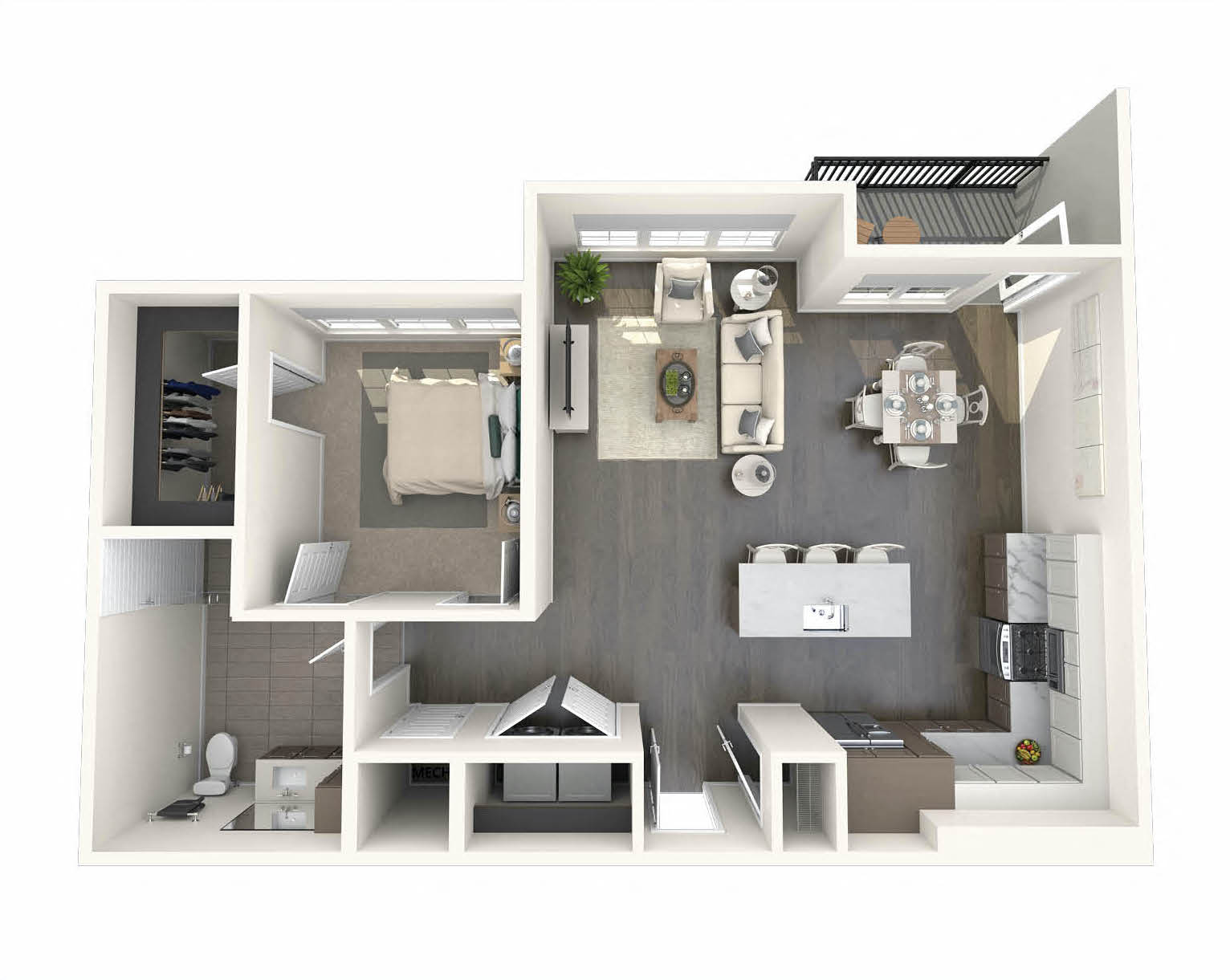 Floor plan for 1 bed, 1 bath, 934 sqft