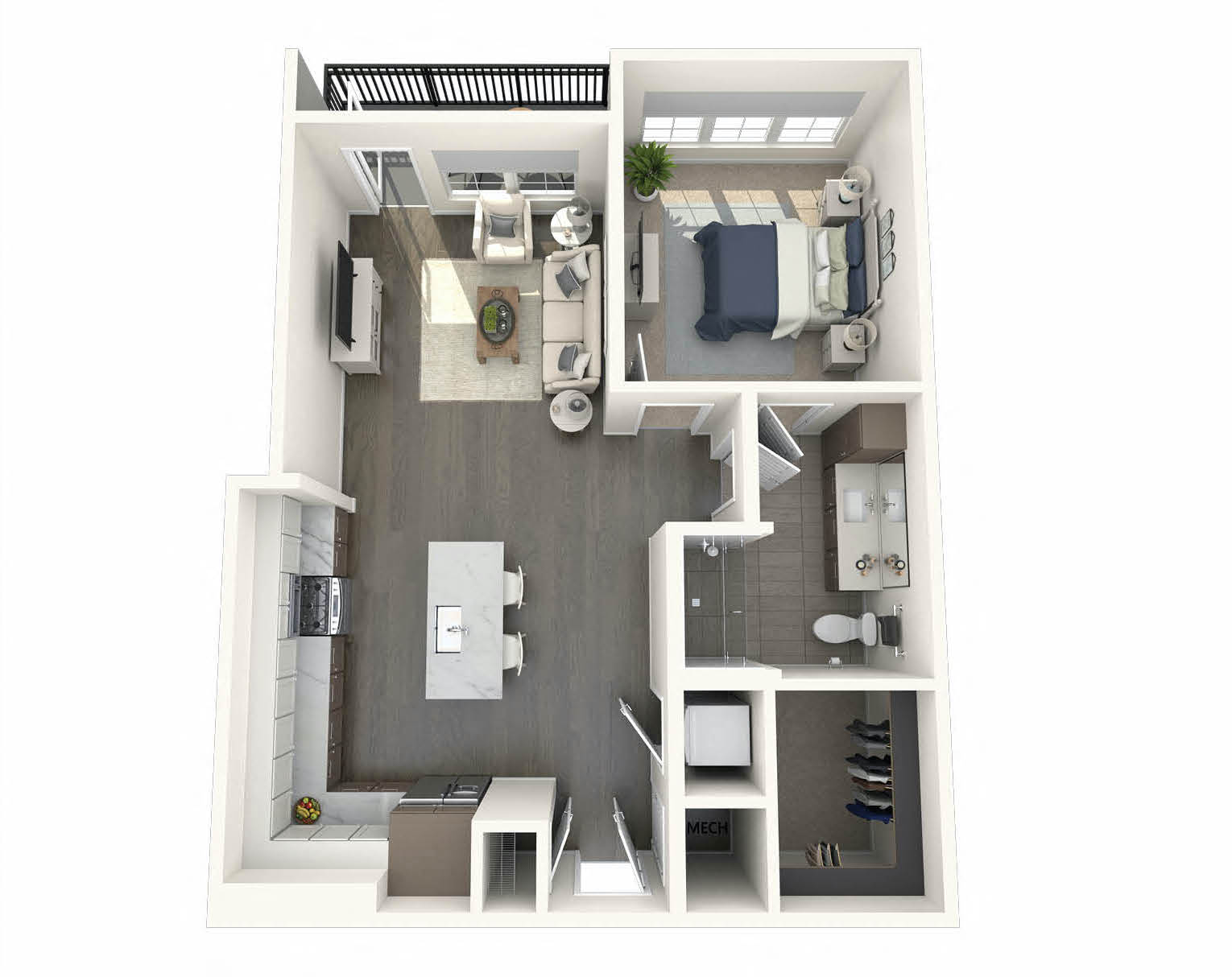 Floor plan for 1 bed, 1 bath, 772 sqft