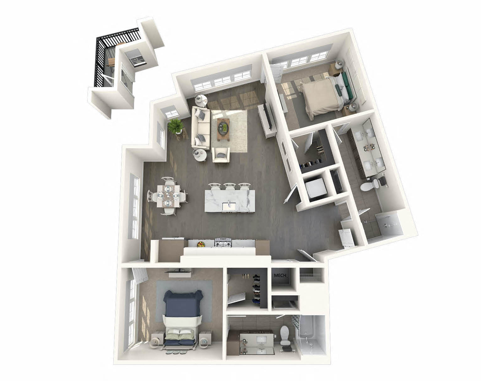 Floor plan for 2 beds, 2 baths, 1277 sqft