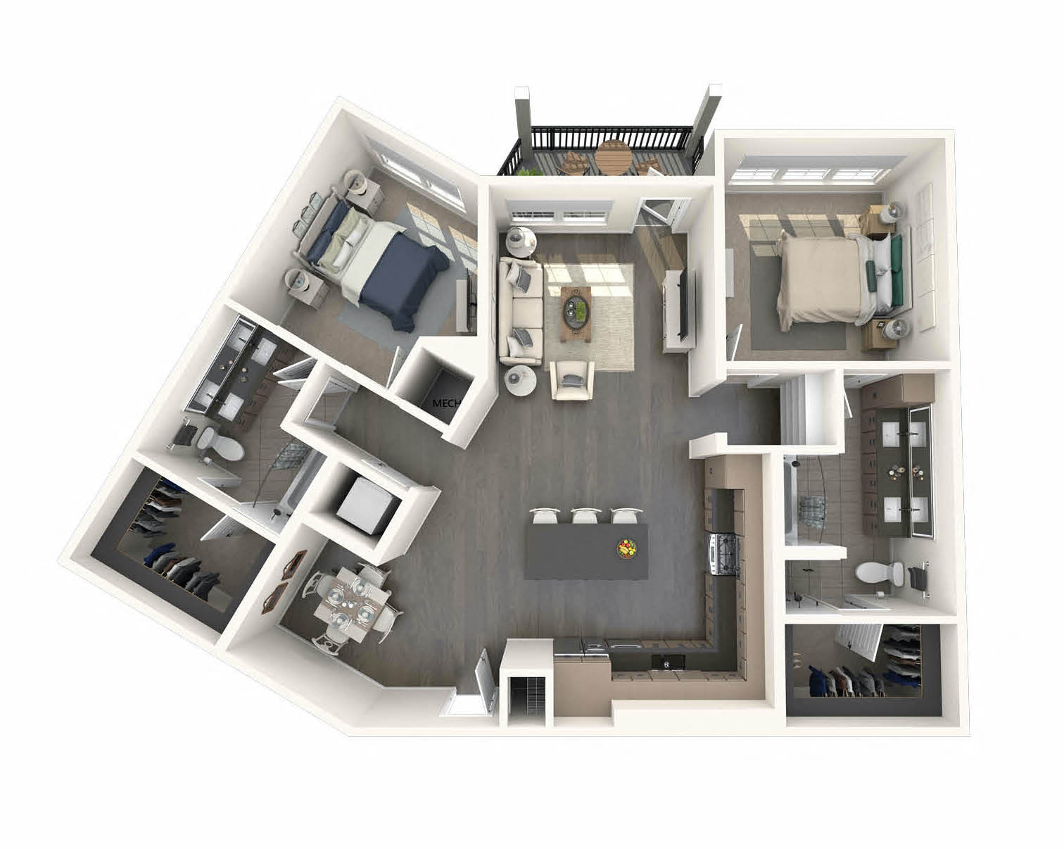 Floor plan for 2 beds, 2 baths, 1269 sqft