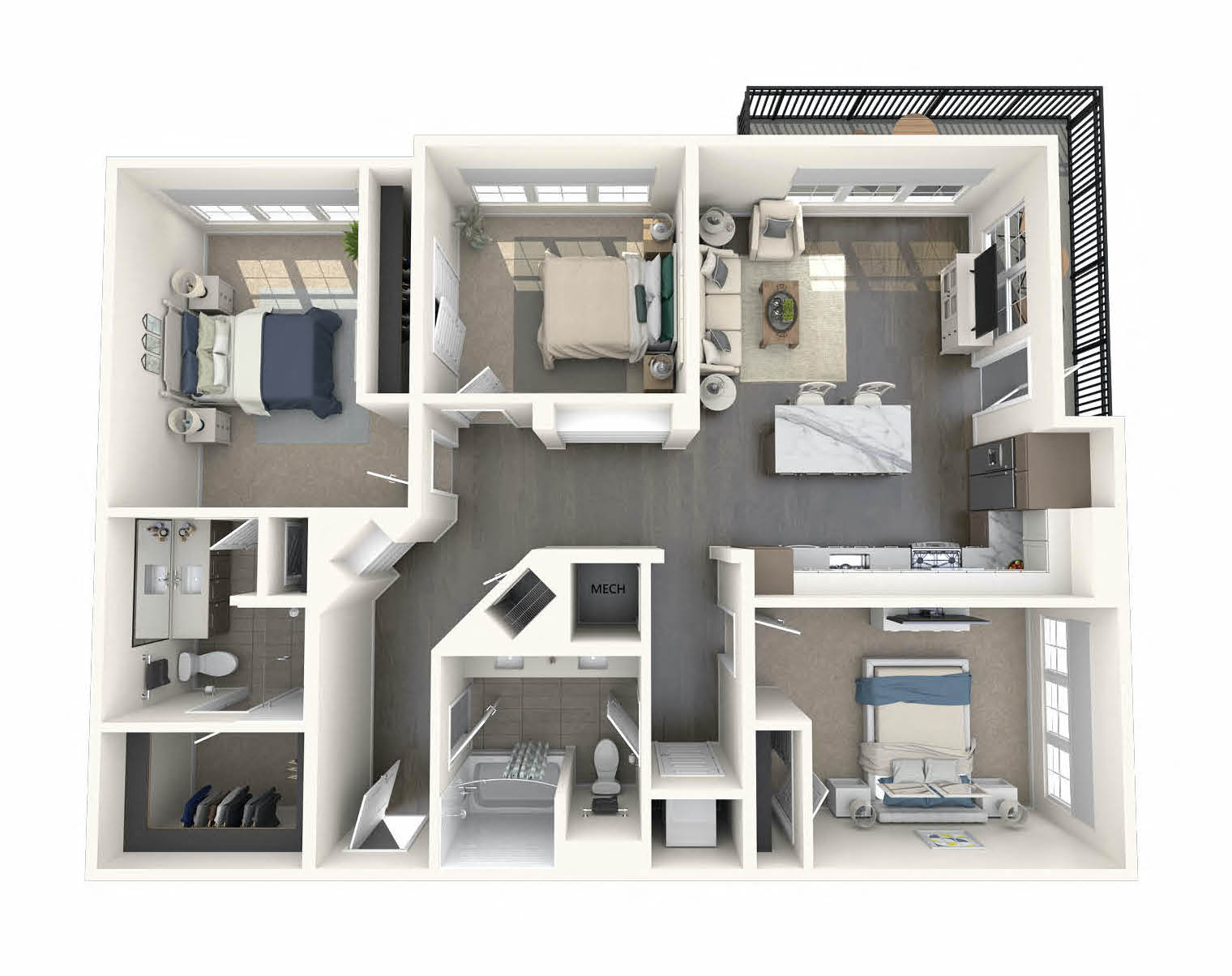 Floor plan for 3 beds, 2 baths, 1372 sqft