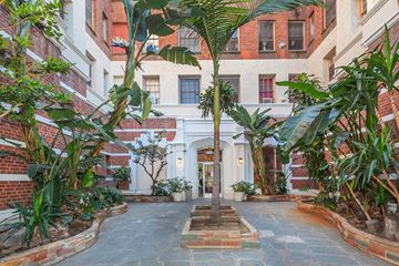 Los Angeles apartment for rent - a courtyard with palm trees and a white building