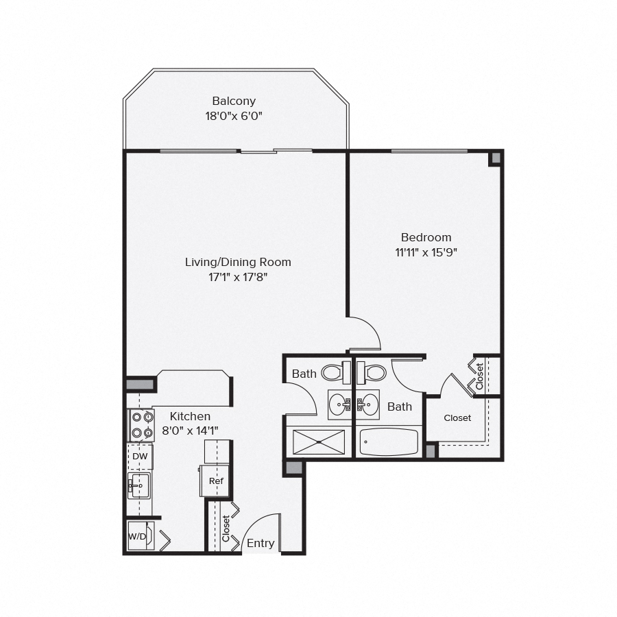 Floor plan for 1 bed, 2 baths, 868 sqft