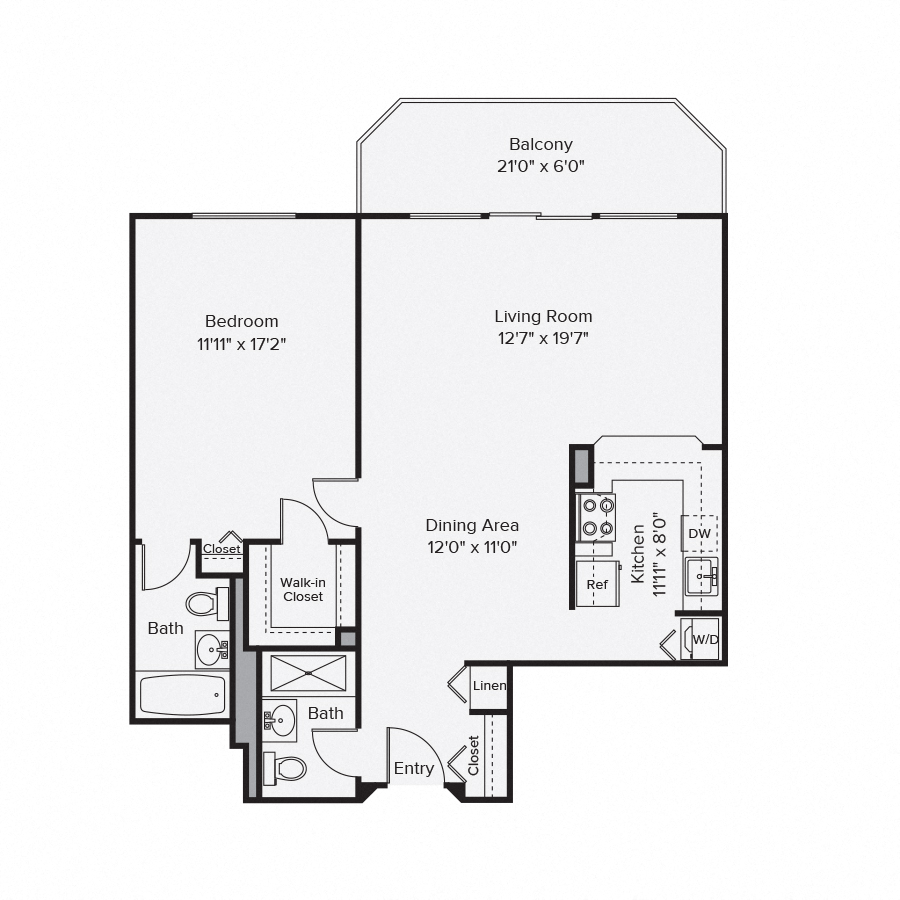 Floor plan for 1 bed, 2 baths, 956 sqft