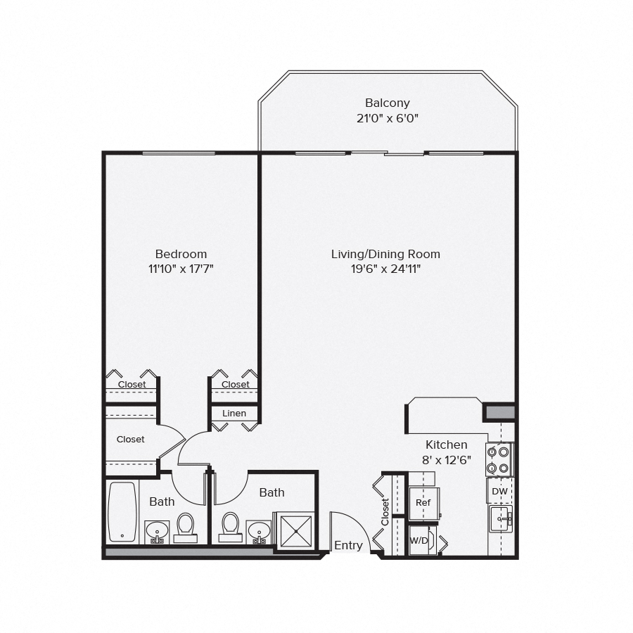 Floor plan for 1 bed, 2 baths, 1046 sqft