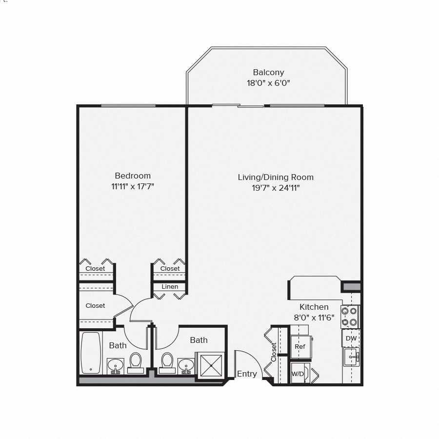 Floor plan for 1 bed, 2 baths, 1069 sqft