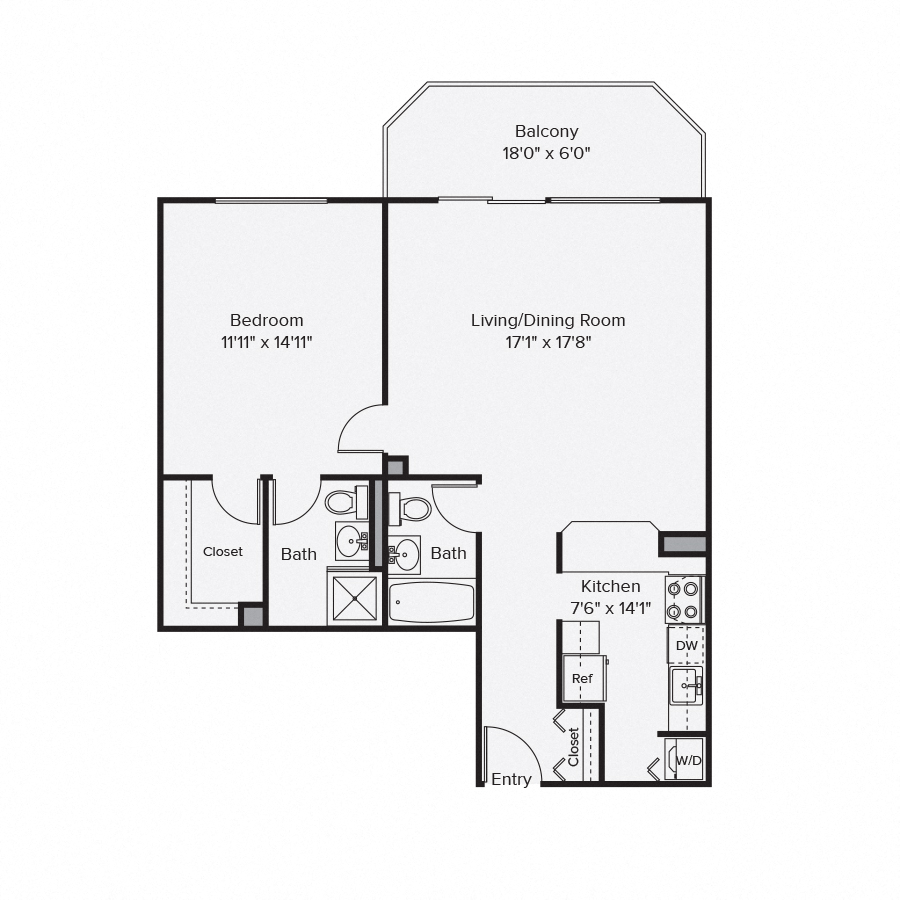 Floor plan for 1 bed, 2 baths, 837 sqft