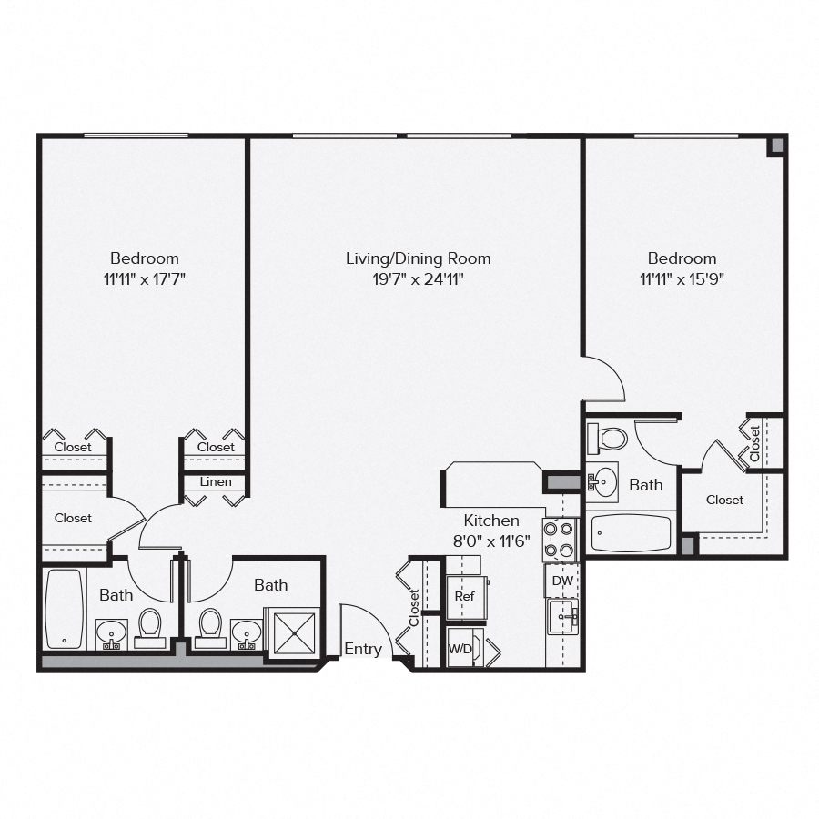 Floor plan for 2 beds, 3 baths, 1386 sqft