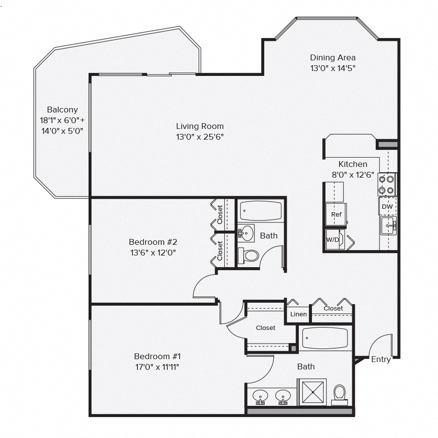 Floor plan for 2 beds, 2 baths, 1446 sqft