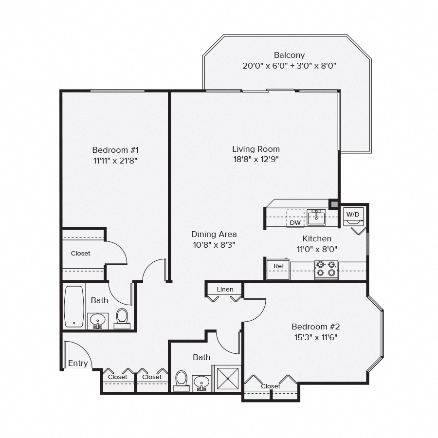 Floor plan for 2 beds, 2 baths, 1227 sqft