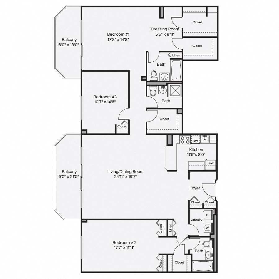 Floor plan for 3 beds, 3 baths, 1906 sqft