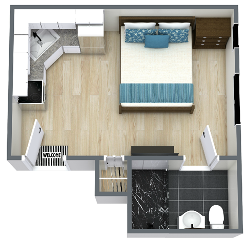 Floor plan for studio, 1 bath, 254 sqft