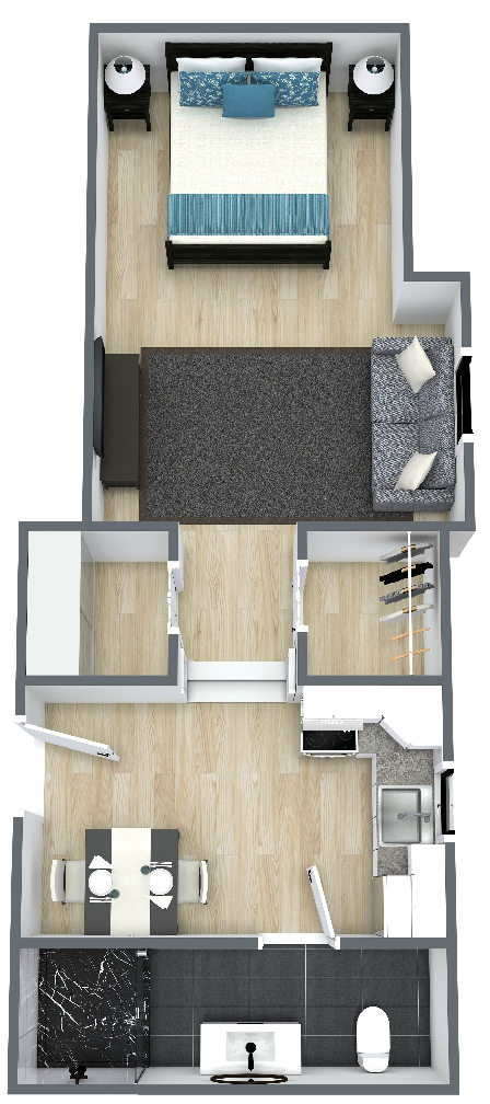 Floor plan for studio, 1 bath, 477 sqft