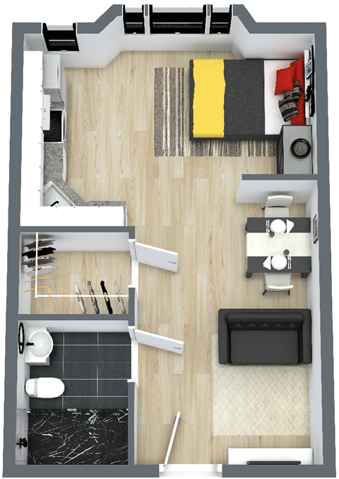 Floor plan for studio, 1 bath, 437 sqft
