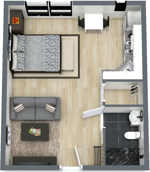 Floor plan for studio, 1 bath, 444 sqft
