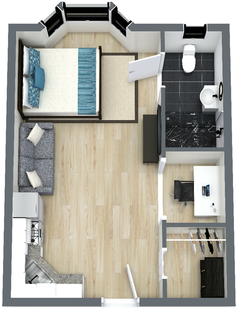 Floor plan for studio, 1 bath, 424 sqft