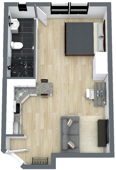 Floor plan for studio, 1 bath, 472 sqft