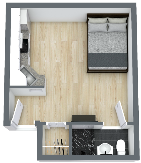 Floor plan for studio, 1 bath, 301 sqft