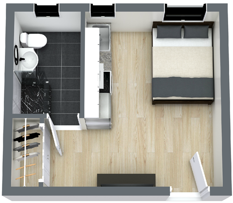 Floor plan for studio, 1 bath, 212 sqft