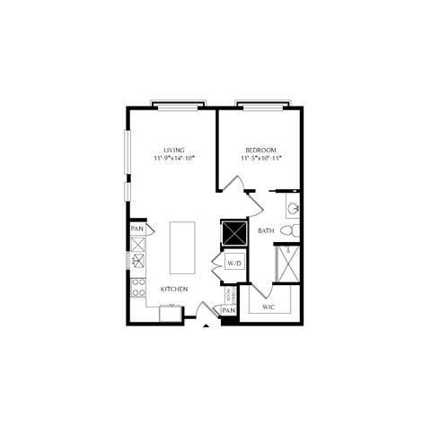 Floor plan for 1 bed, 1 bath, 715 sqft